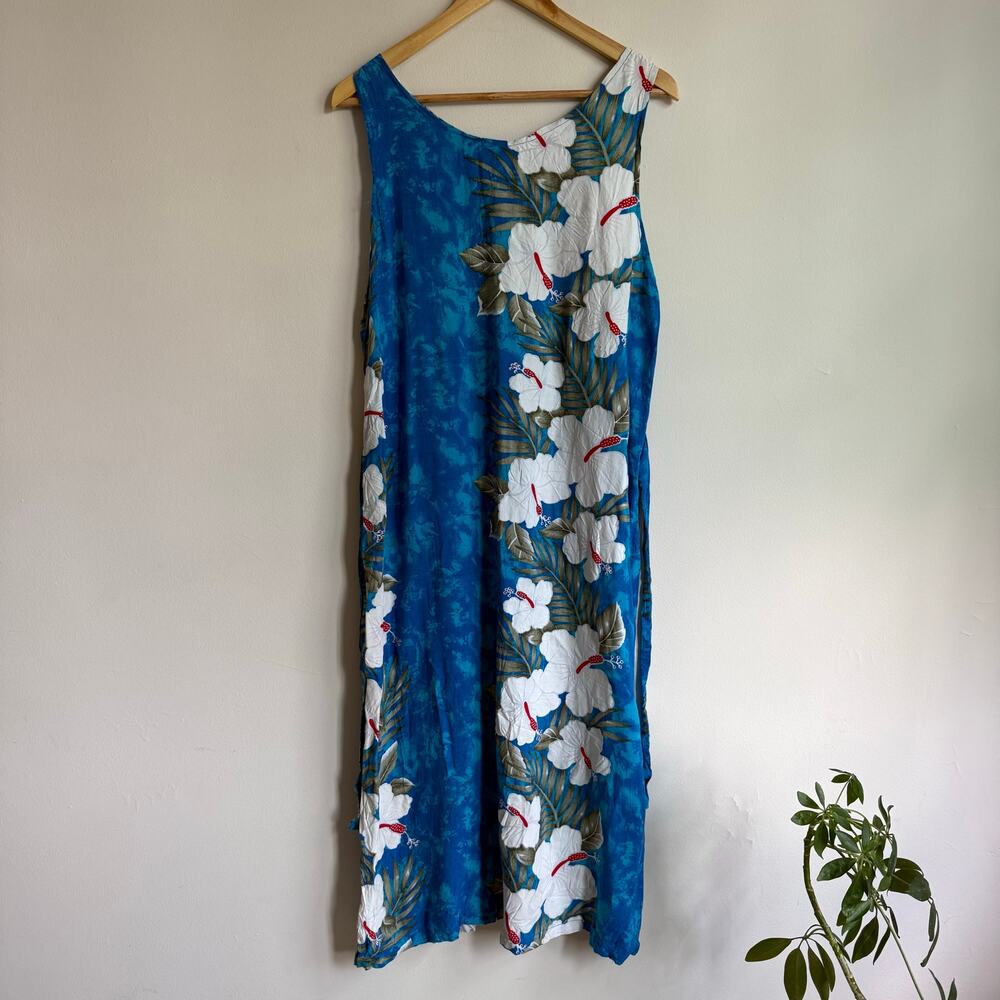Y2K Vintage Tropical Souvenir Hawaiian Hibiscus Rayon Dress Blue White M